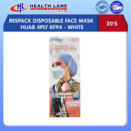 RESPACK DISPOSABLE FACE MASK HIJAB 4PLY KF94 20'S- WHITE